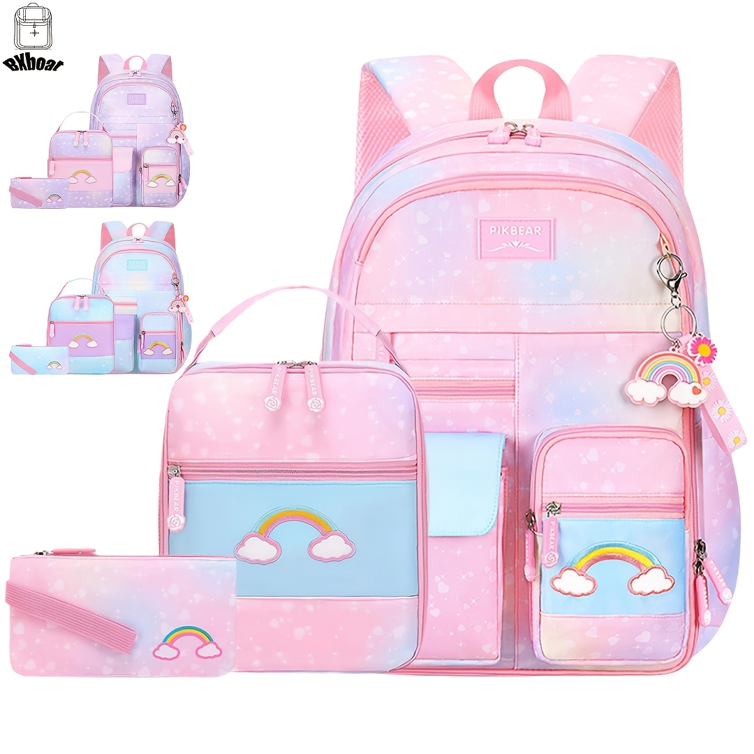 

3pcs Bxboat Girls School Backpack Set, Lightweight Polyester, Printed Design, Compartment, Lunch Box & Pencil Case, Keychain, Zip Closure, For Teen Girls, Ideal Birthday Gift