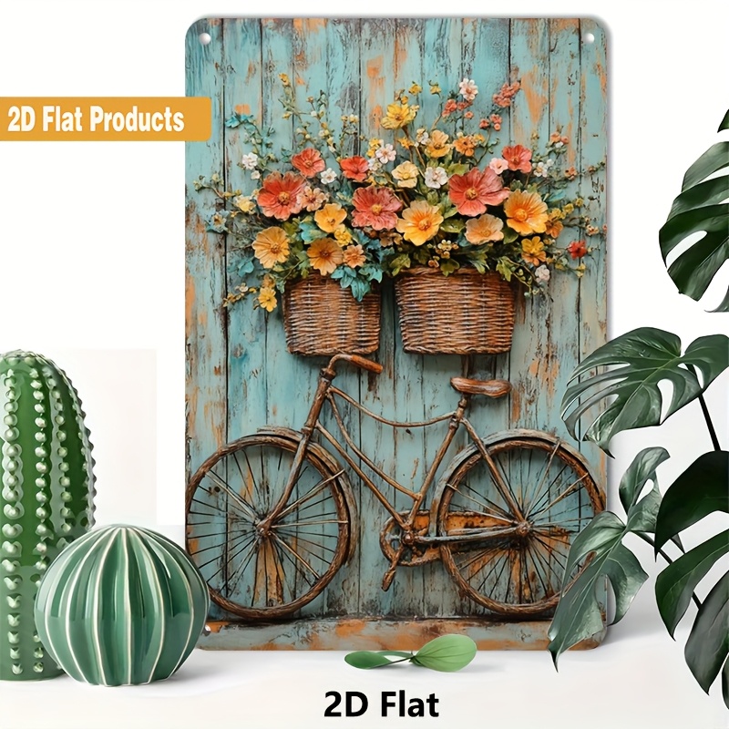 TEMU 2D Plat, Vintage Fiets Metalen Wandbord - 20.32x30.48cm IJzeren Decoratie met Kleurrijk Bloemenontwerp, Geschikt als Cadeau voor Rustieke Huis-,