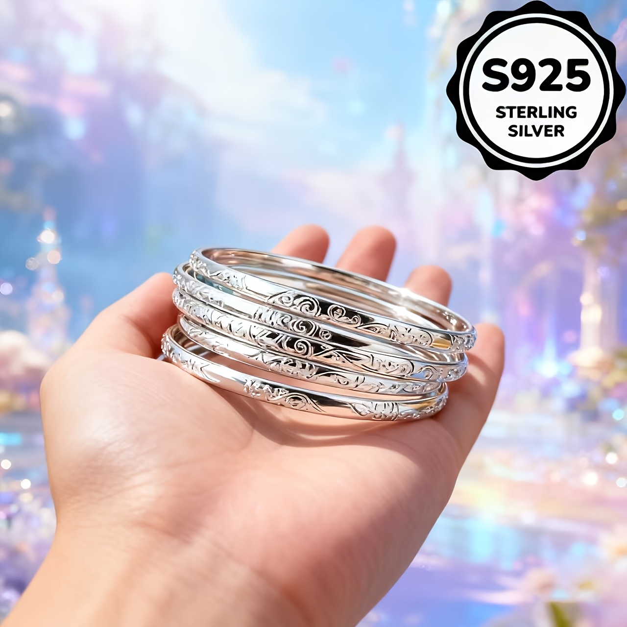 5pc S925 Sterling Silver Bracelet Set, Elegant Versatile Styles