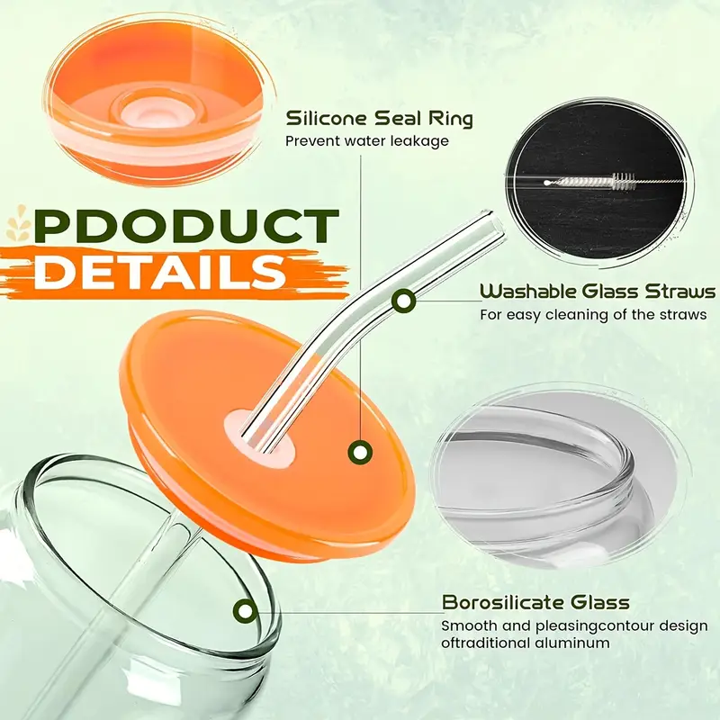 20 oz glass cups with acrylic lids and straws 16 pcs can shaped glass iced coffee cups with lids drinking jar glasses cute tumbler cup great for smoothie soda boba tea cocktail beer gift Product details 3