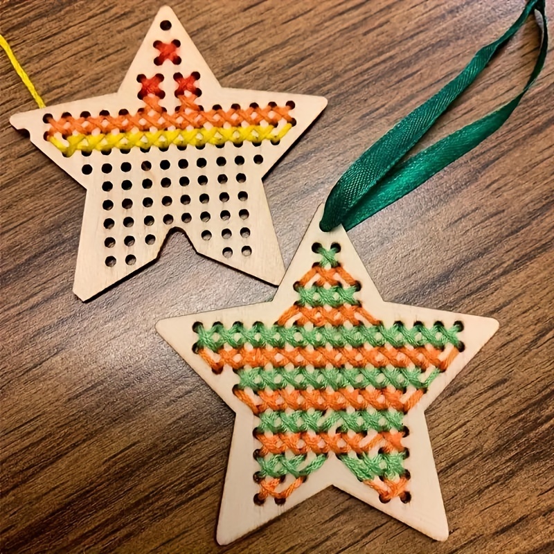 

Diy Cross-stitch Star Ornaments Kit, 21-piece Set, Handmade Wooden Stitching Crafts, Christmas & General Holiday Decor, Embroidery Supplies With Thread & Needles For Home Gifts And Party Activities