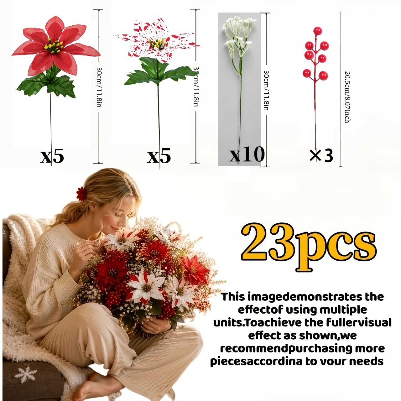 TEMU 23pcs Christmas Red And White Artificial Flower Bouquet With And - Decorative Bouquet Of Artificial Flowers, Effective Uv Protection, Suitable