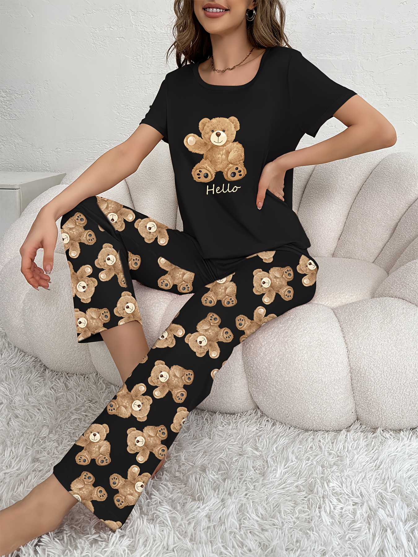 Ensemble Pyjama Femme Grande Taille En Tricot Côtelé Avec Broderie En