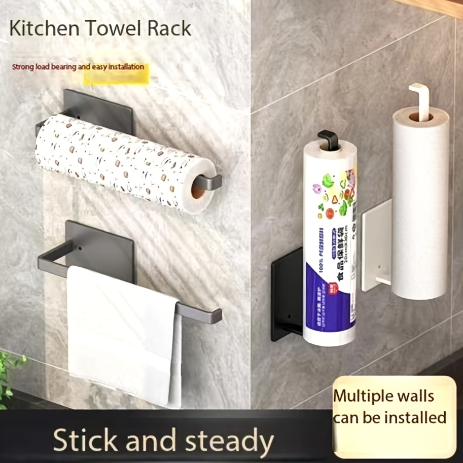 

1pc Modern Self-adhesive Metal Kitchen Towel Rack, Wall-mounted Storage Holder For Paper Towels, Plastic Wrap, And Cloth Supplies, No-drill , Hanging Rod Design, Stick And For Cabinets And Bathrooms