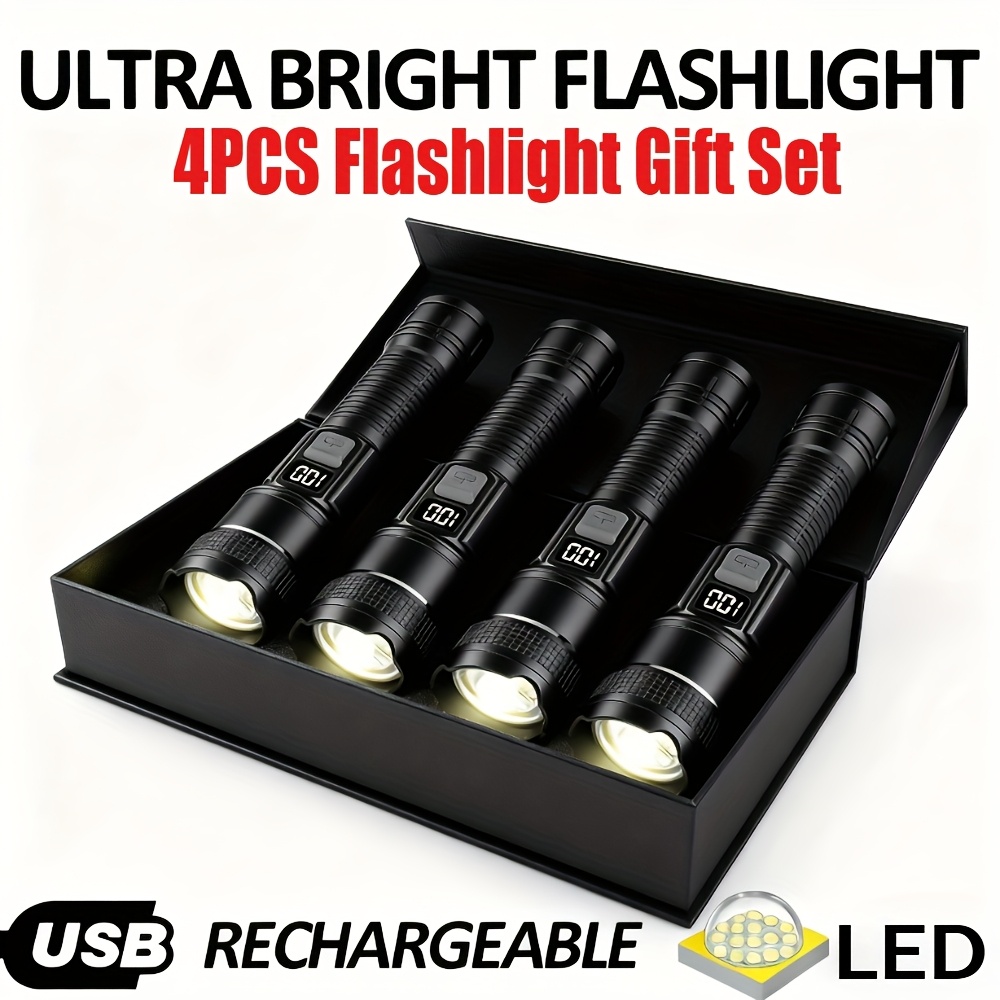 Set Of 4 Rechargeable High- Led Torches Featuring A Spotlight, Usb Charging Cable, Brightness, , And Suitable For Camping, Hiking, Emergencies