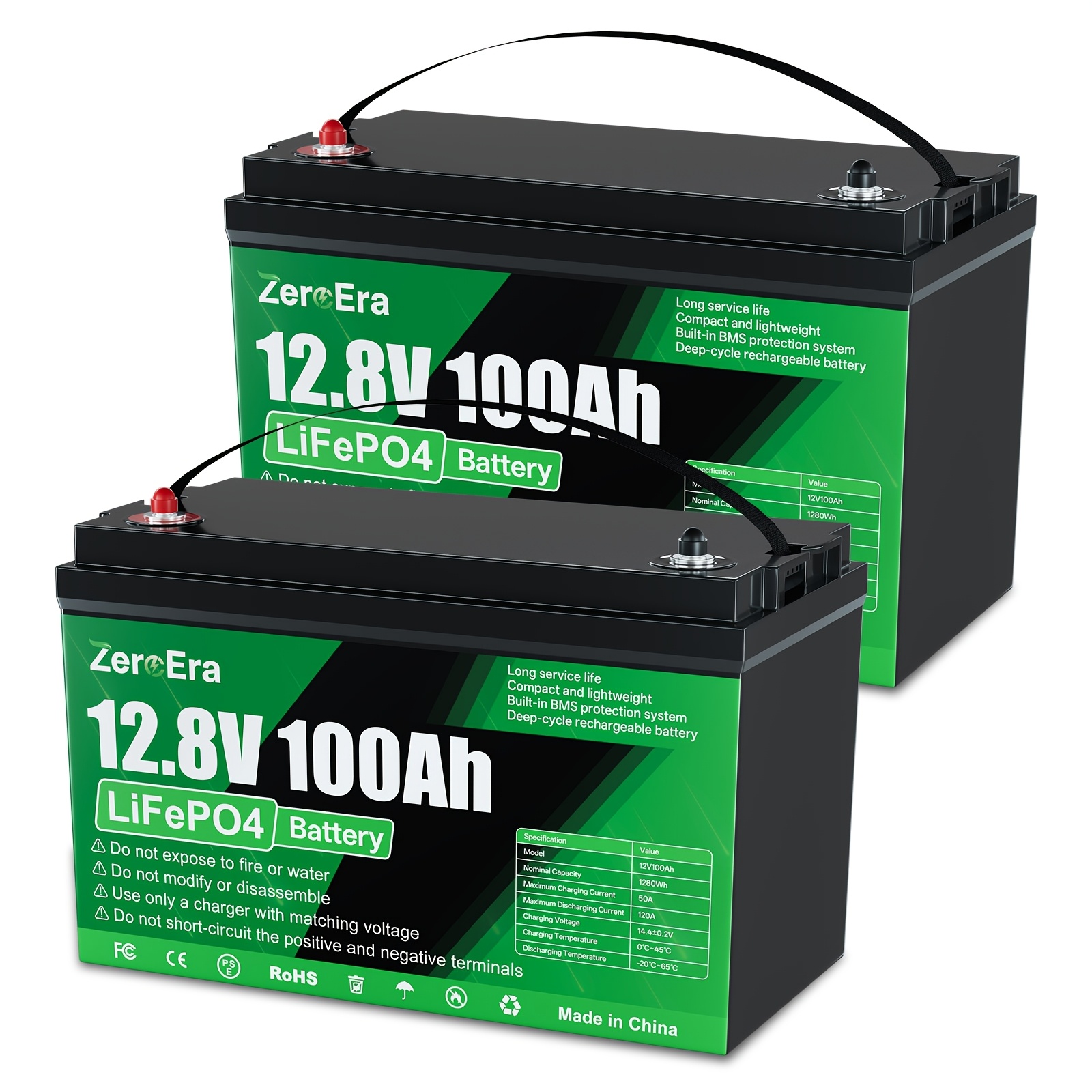 TEMU 2pcs Zeroera 12v 100ah Lifepo4, 12 Volt Battery With Low Temperature Safety, 10000  Cycles, 10 Years Life, Equipped With 100a Battery For Marine