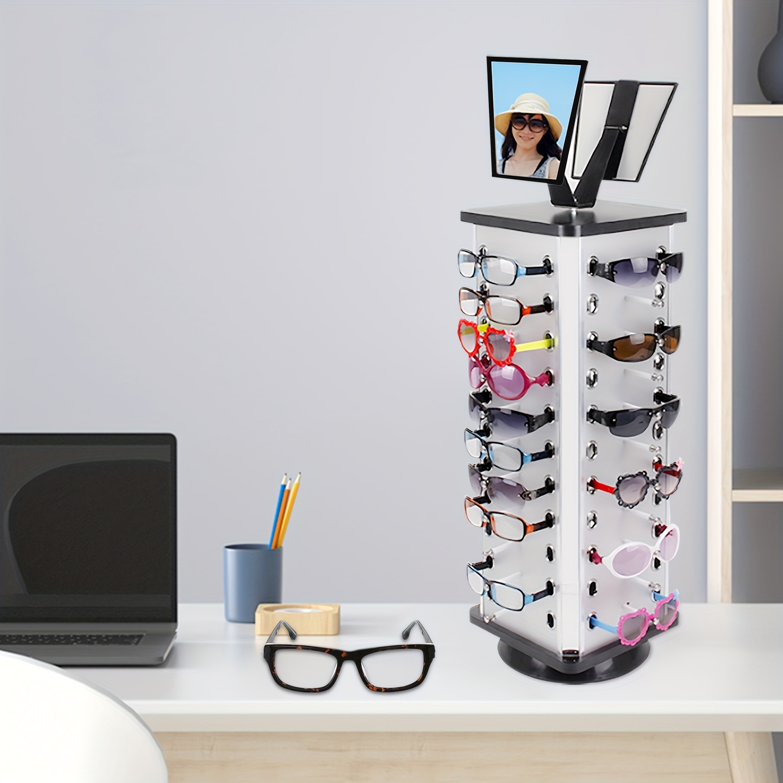 

44 Pairs Fashion Glasses Display Rack Storage Rotating Shelf Fashion Glasses Organizer Fits For Retail Store/home Use With 2 Adjustable Mirror