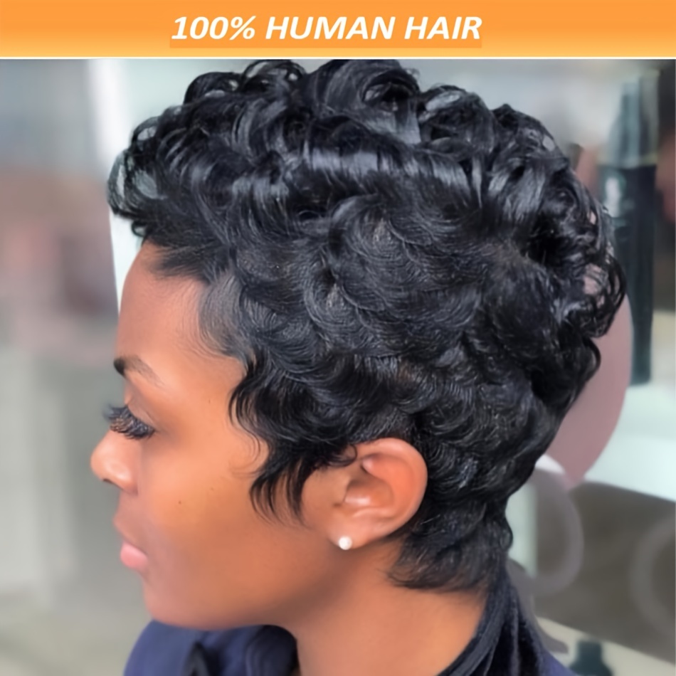 

Easy-to-style Natural Black Pixie Cut Wig With Bangs For Women - 180% Density, Loose Wave Human Hair, Perfect For Daily Wear & Parties
