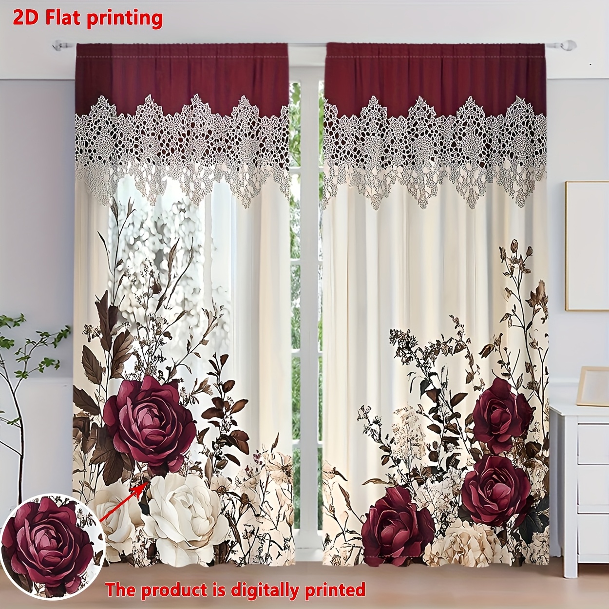 E-shop 2D Flach, 2er-Set Vintage Viktorianische Blumen-Vorhänge für Tür- Fenstertypen – Halbtransparente Lichtfilter-Vorhänge für Privatsphäre,