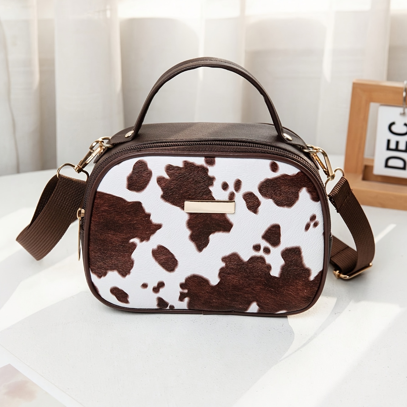 TEMU Women's Trendy Cow Print Portable Handbag, Vintage Faux Leather Zipper Crossbody Single Shoulder Bag, Casual Mini Square Bag, With Adjustable
