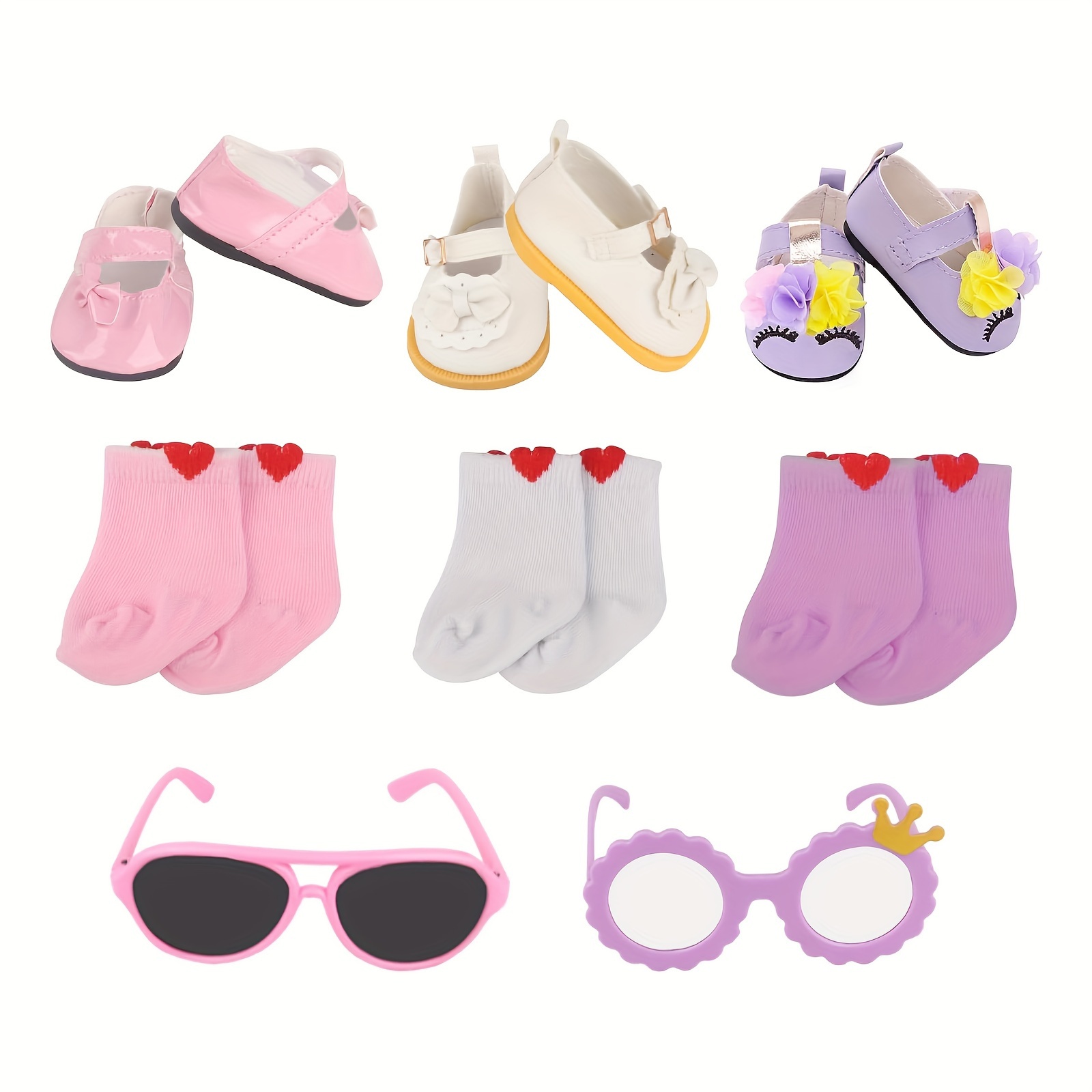 

18 Inch Doll Shoes Socks Glasses Set, 3 Pairs Of Doll Shoes + 3 Pairs Of Doll Socks + 2 Pcs Glasses, 8 Pcs Doll Accessories Fits 18 In American Dolls, Birthday Gift For Granddaughter