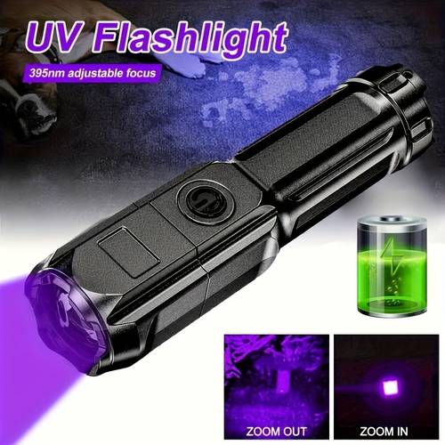 1pc uv flashlight 395nm light with 3 rechargeable lithium battery usb powered cable pet stain detection and fluorescence detection