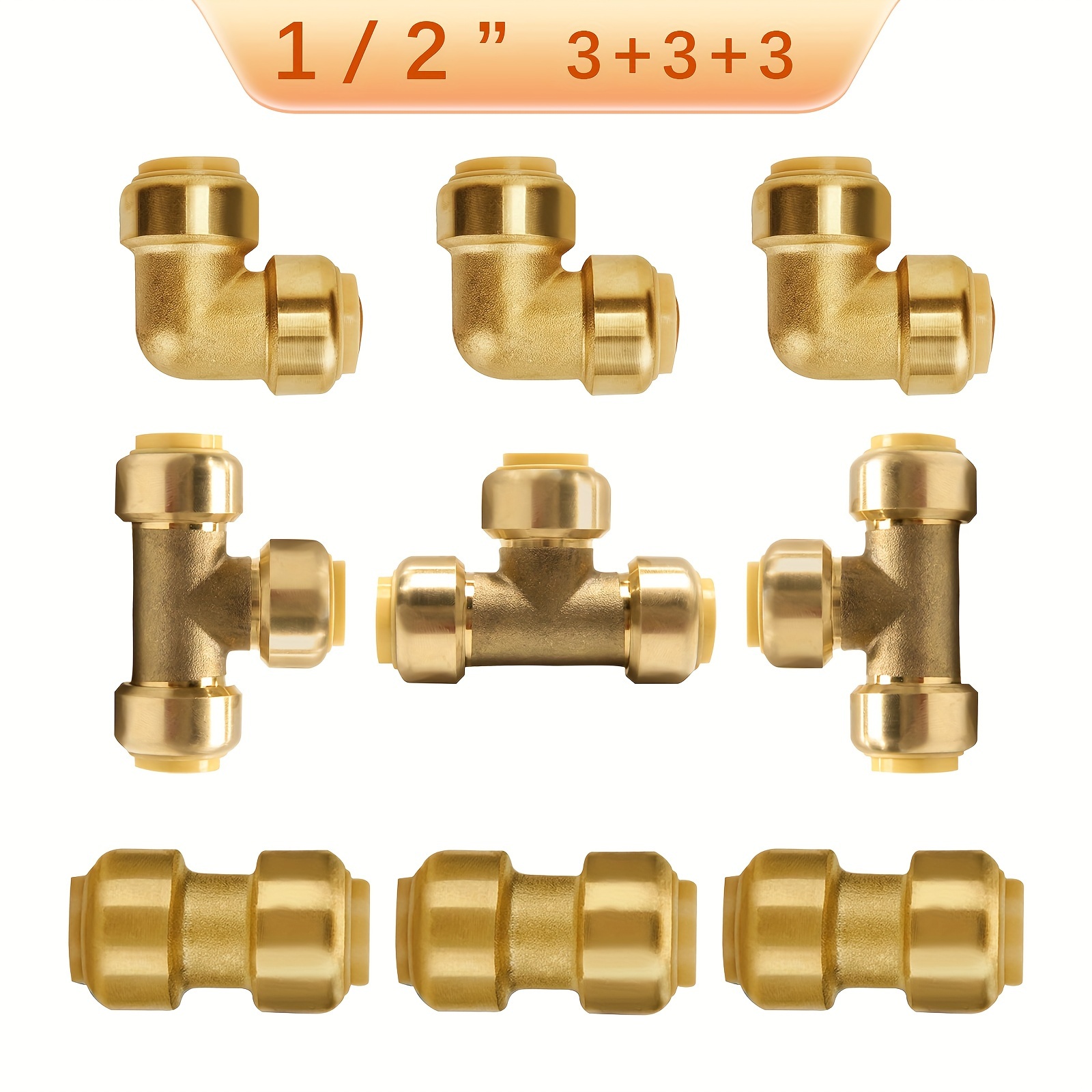 

9pcs 1/2" Push Fittings, Brass Pipe Fittings, 3 Connectors, 3 Elbows, 3 Tees, Suitable For Pex, Copper Pipe, - Fall And Christmas Home Diy Projects!