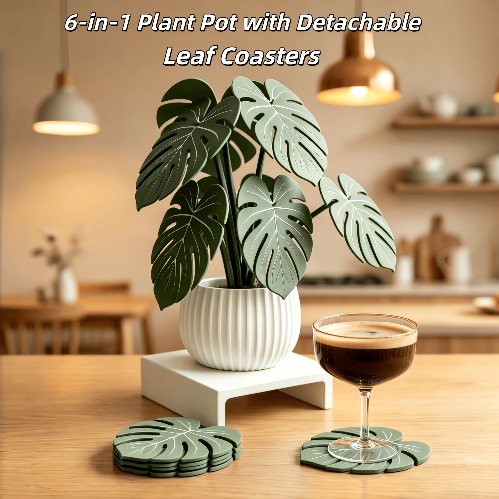 TEMU 6-in-1 Monstera Leaf Coaster Set With A Plant Pot Stand. Heat-resistant And Anti-slip Cup Mats, Tabletop Plant Decor, Perfect For Coffee, Tea,