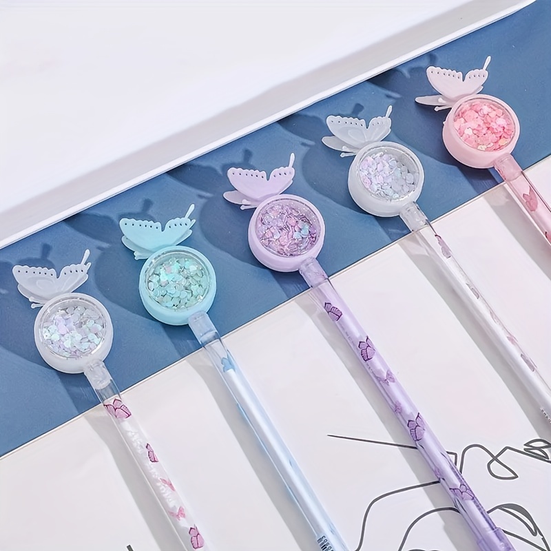 5pcs Random Colors Cute Sequined Neutral Pens Fashion Student Black Ballpoint Pens Party Stationery Gift Giveaways