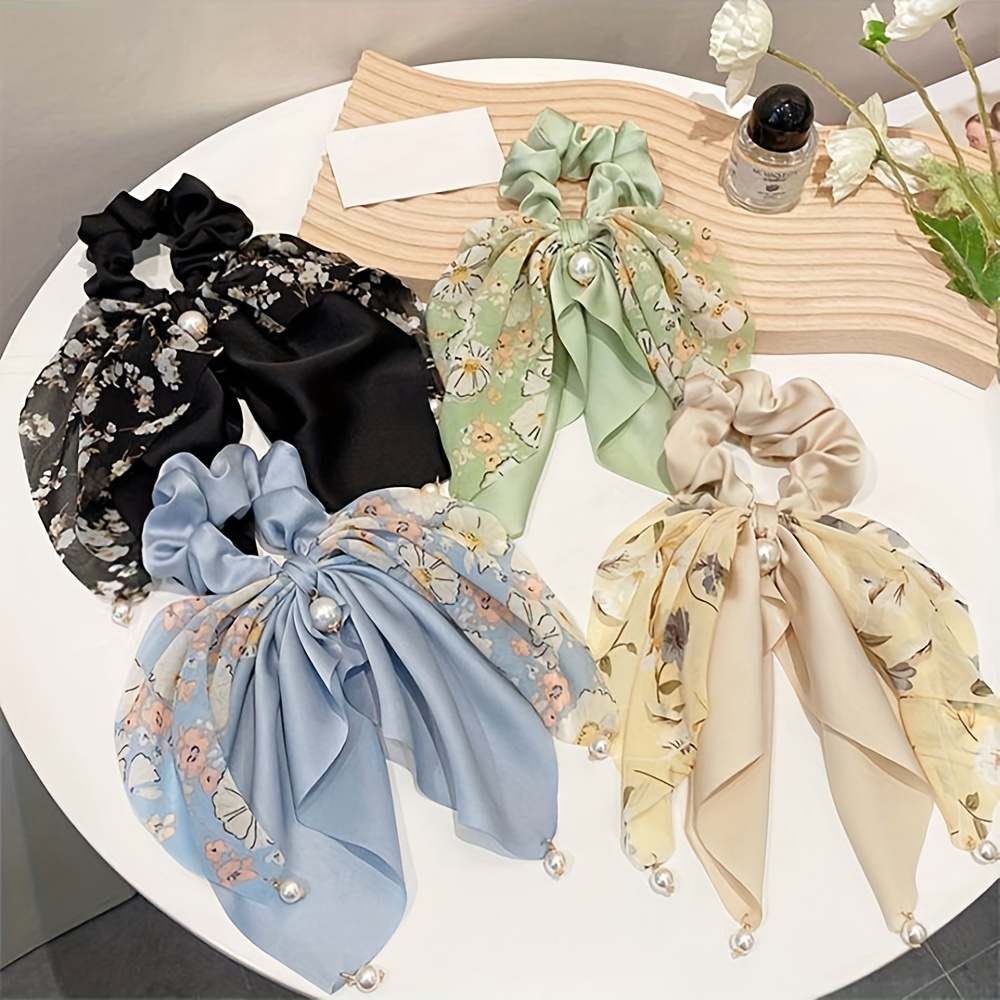 

2pcs Elegant French Vintage Style Hair Scrunchies Set With Bowknot Ribbons And Pearl Pendants, Fabric Material, Printed Design, Retro Ties For Women