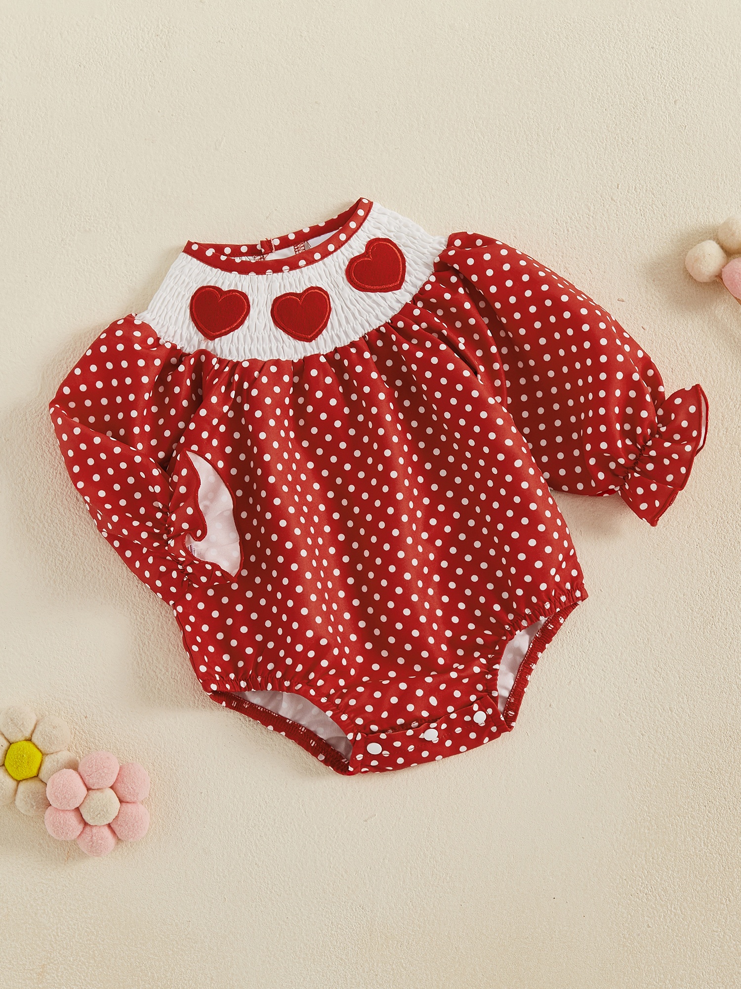 Stretch Girl's Valentine's Day Romper Red Polka Dot with Heart  Embroidery, Long Sleeve, Soft Polyester Bodysuit for All Seaso