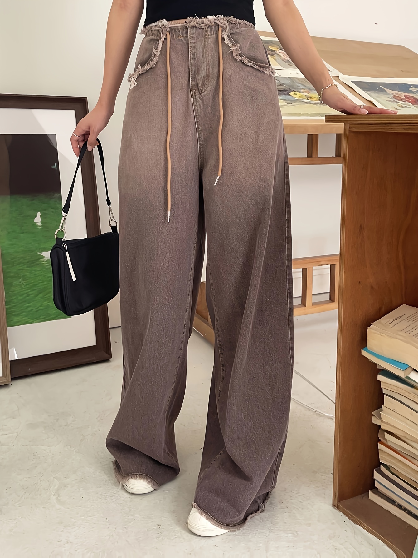 Brown Flap Pockets Cargo Pants, Straight Legs Loose Fit Non-Stretch Denim  Pants, Y2K & Kpop Style, Women's Denim Jeans & Clothing