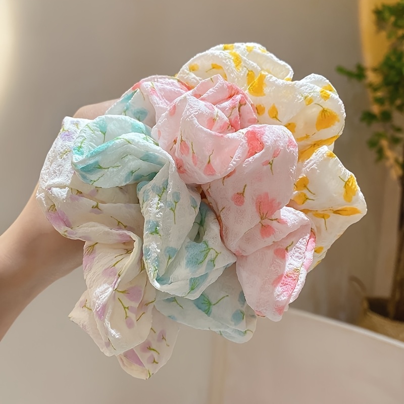 TEMU 4-pack Sweet Floral Large Bow Hair Ties With Fresh Pleated Candy-colored Hair Rings