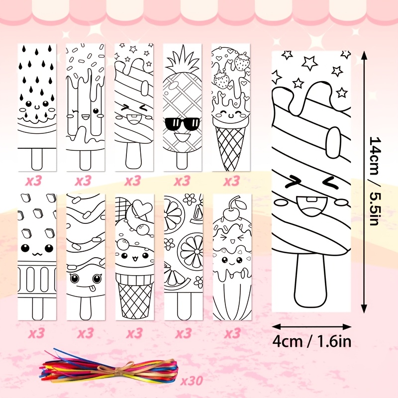 E-shop 30 Stück Lesezeichen aus Papier mit Eiscreme-Muster | Blanko-Lesezeichen mit Band, Papier, ideal für Babyparty, Geburtstagsfeier,