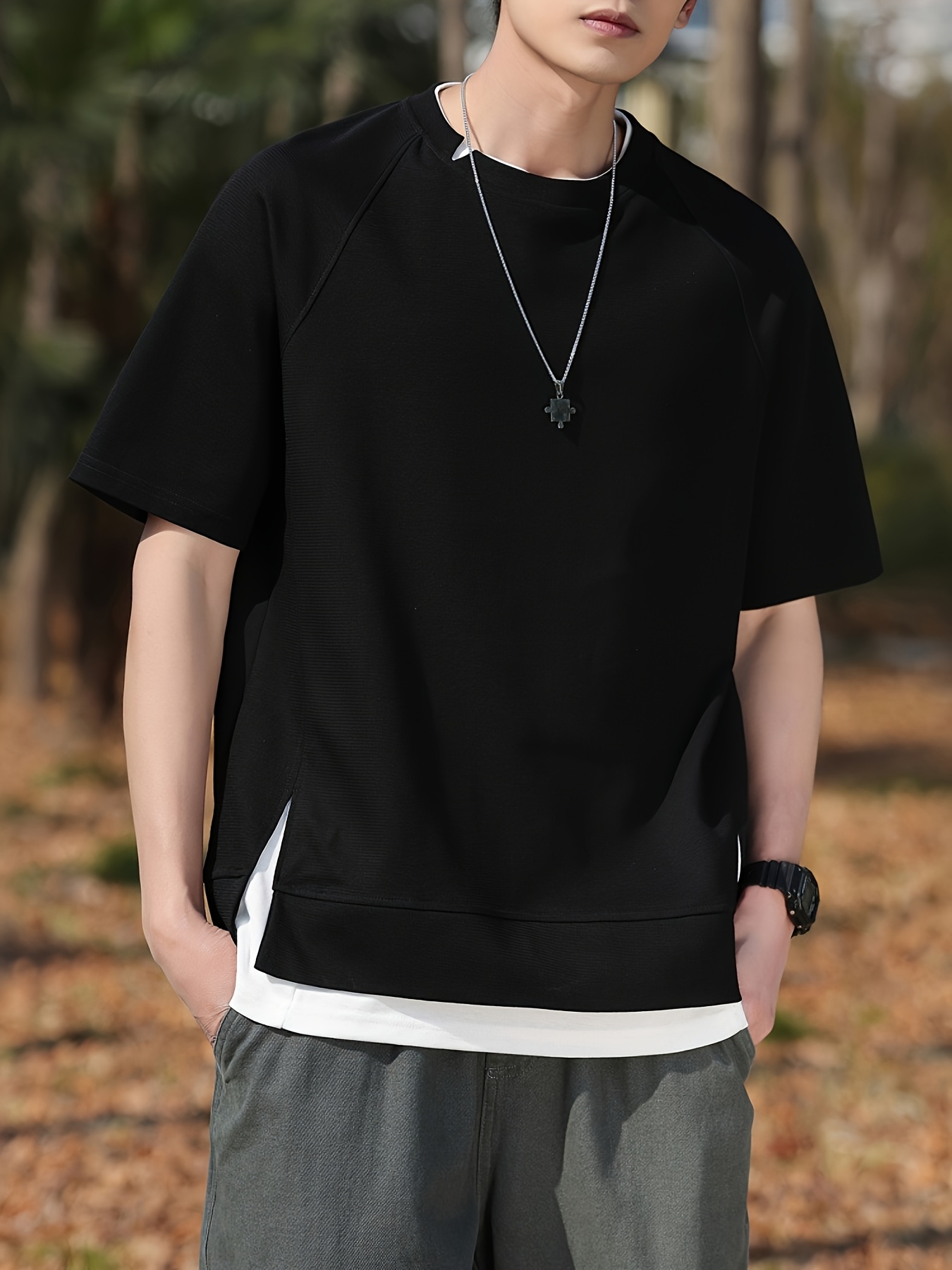 mens stylish short sleeve two piece summer outfit with feel featuring a round neck and versatile solid blend t shirt details 11