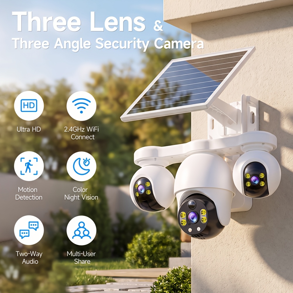 TEMU Caméra de sécurité extérieure 2.4GHz WI-FI avec triple objectif 4K, système de surveillance CCTV fil PTZ à 360°, offrant une enregistrement