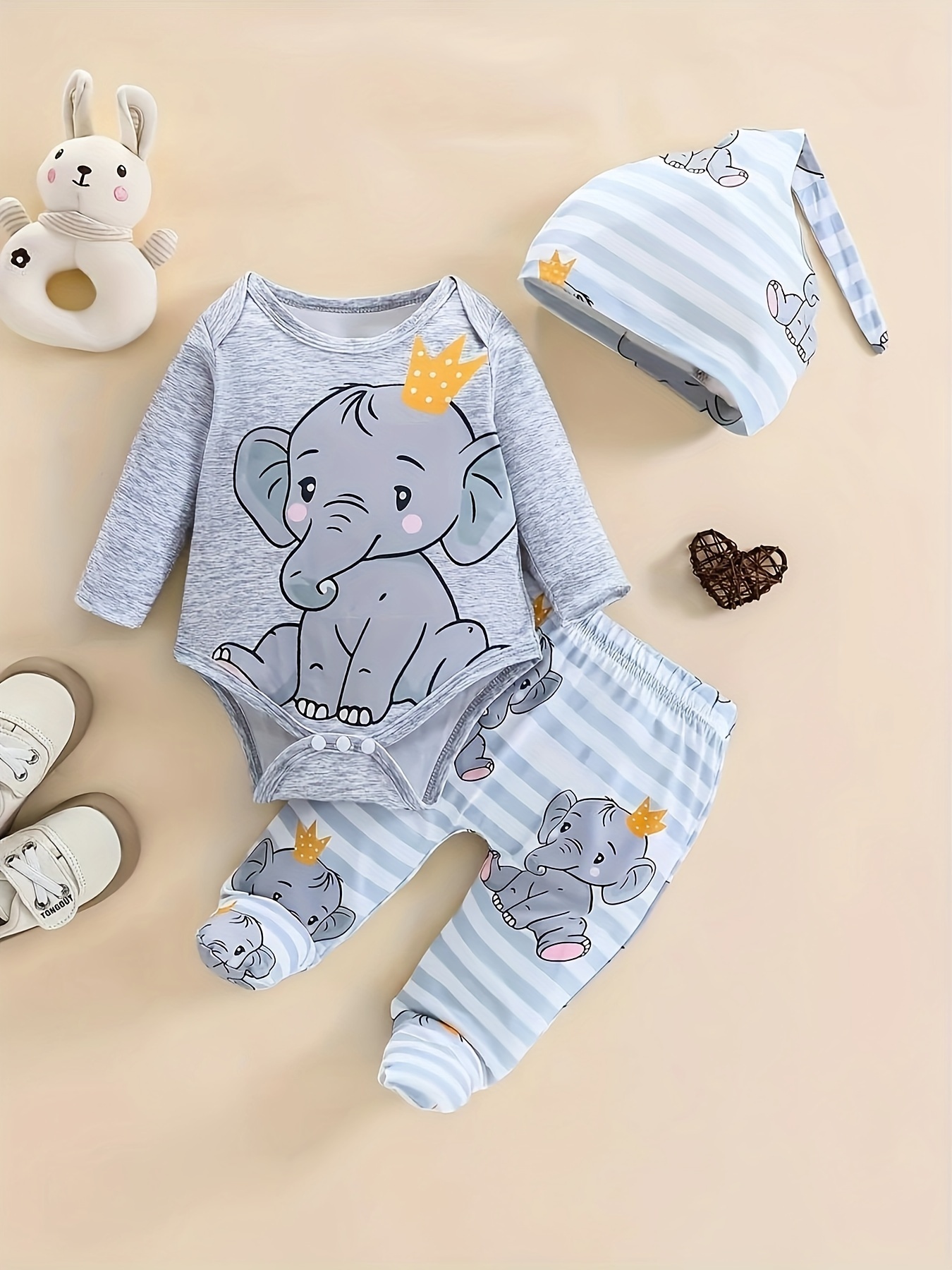 elephant 3pcs onesie set grey white striped full body Temu South
