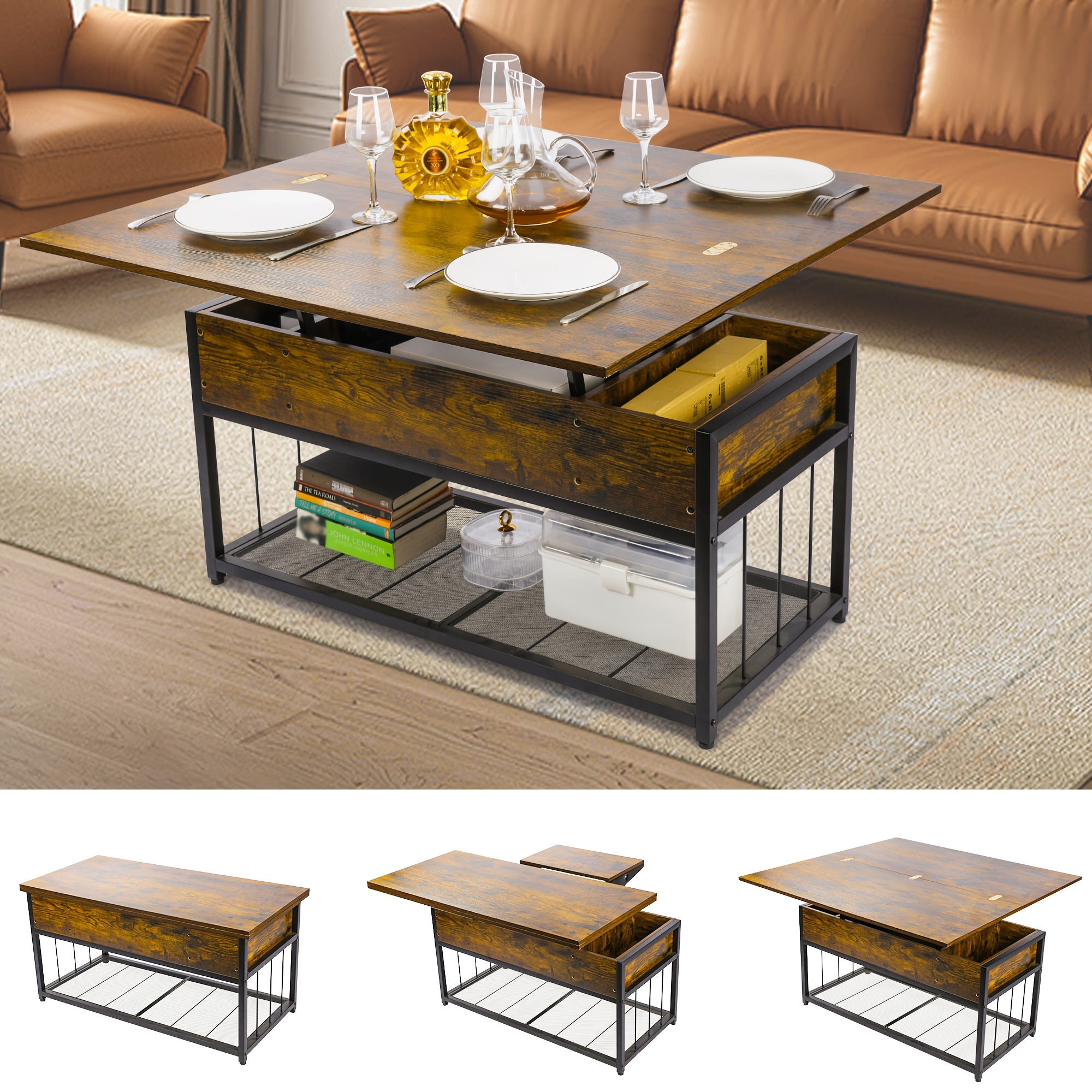 Lift Top Coffee Table with Hidden Storage, Industrial Wood And Metal Living Room Table with Open Shelf, Liftable Dining Coffee Table for Home Office