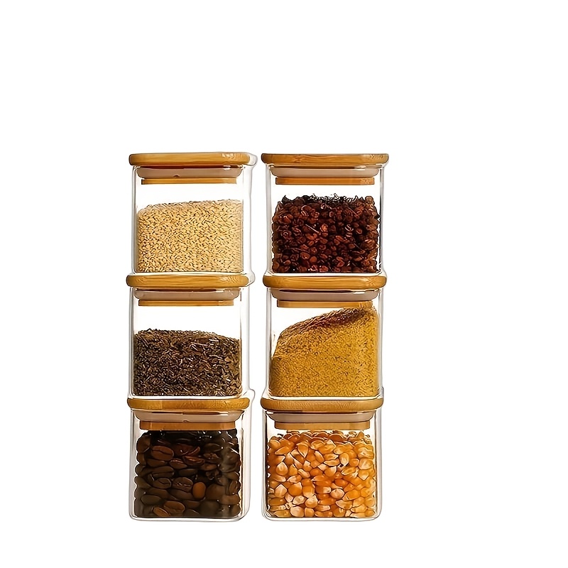 TEMU Square Bamboo Lid Glass-sealed Jar, Sealed Borosilicate Glass Food Storage Container, Multi-functional Kitchen And Pantry Organization, Durable