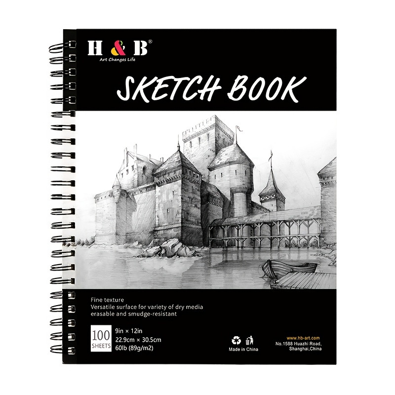 H&b 9x12 Sketch Drawing Pad, 100 Sheets, Double-wire Bound, Professional Art Exam Sketchbook, Doodle Book, Fine Texture, Versatile Surface For Of Dry Media, Erasable And Smudge-resistant