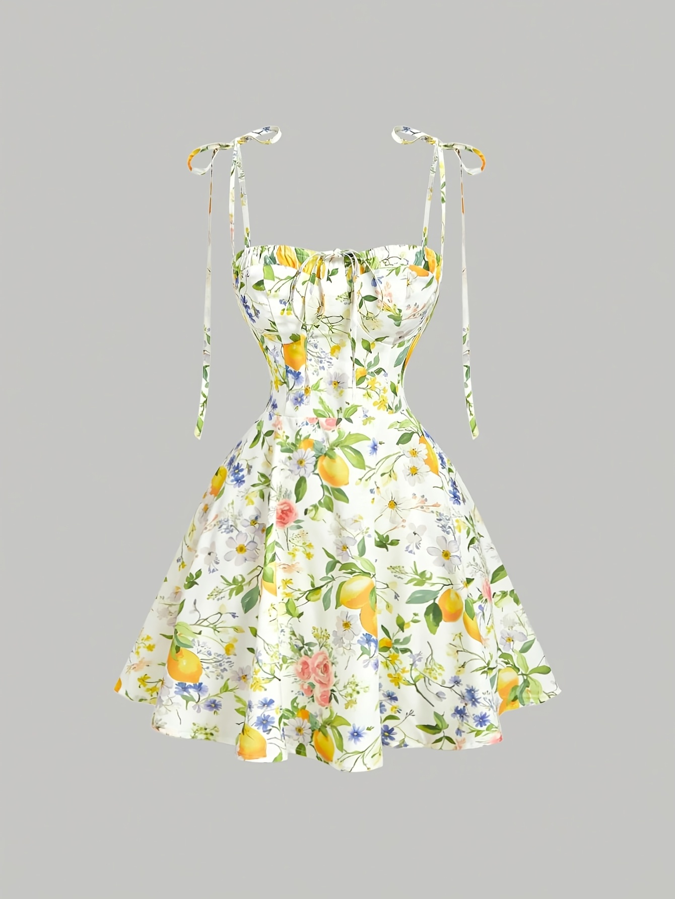 French Retro Lemon Floral Suspender Dress, Waist-Cinching A-Line Sweet *  Vacation Dress, Lace-Up Strapless Design Shows Collarbone, Fruit And Flower  Print * Age Reduction, Essential for Dating And *