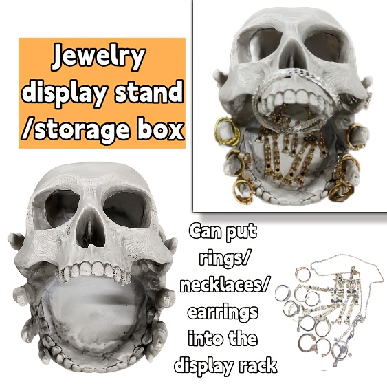 Organizador de Joyería con Forma de Calavera - Decoración Gótica para Halloween con Múltiples Compartimentos, Ganchos para Collares y Forro Interno - Almacenamiento de Resina para Anillos, Pendientes, Collares en Escritorio - Accesorio Decorativo Artístico para el Hogar