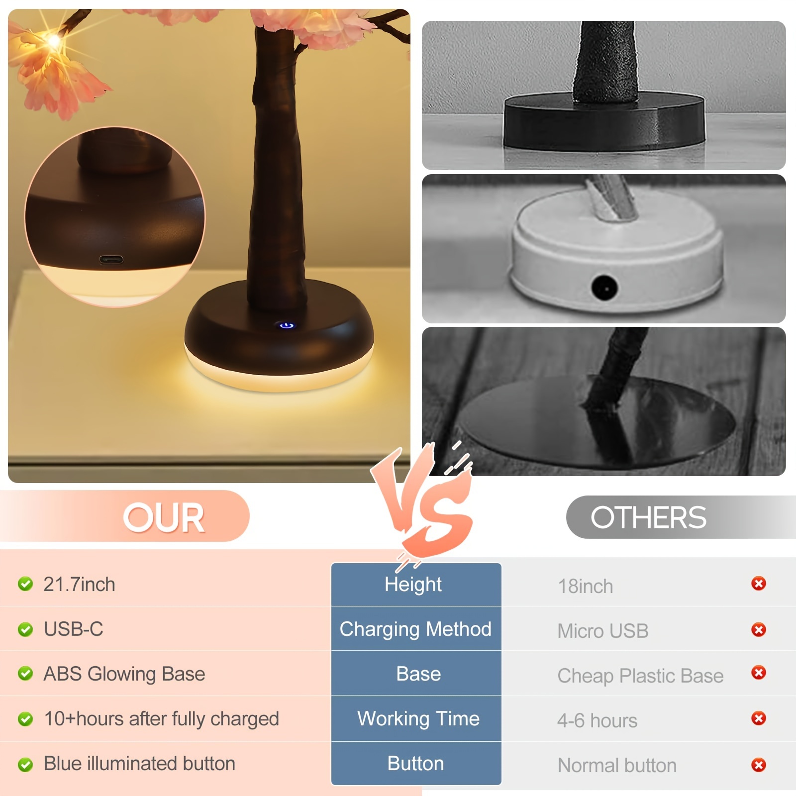 1pc Cherry Blossom Tree Ambient Lights Table Lights - USB Rechargeable Night Lights Desktop Decorative Lights for Indoor Bedroom, Wedding Party_voghion.com