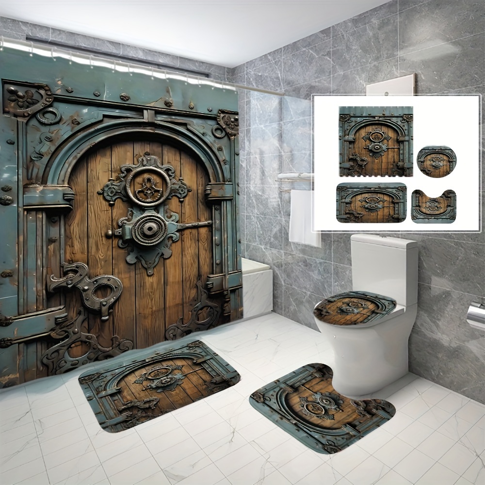 

Vintage Wooden Door Pattern Digital Print Waterproof Bath Curtain, Toilet Seat Cover, And Bath Mats Set - Modern Bathroom Decor, 72"x72", 12 Plastic Hooks, Forest Theme, Polyester, Woven Fabric