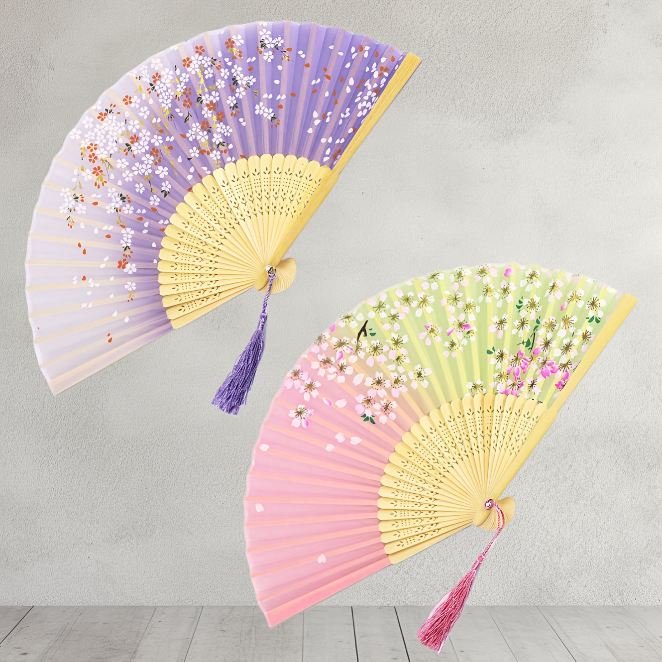 TEMU 2 Stück 7-Zoll Tragbare Faltfächer - Eleganter Traditioneller Chinesischer Stil mit Blumen- & Unifarben-Mustern, Leichtes Handgehalten für Tanz,