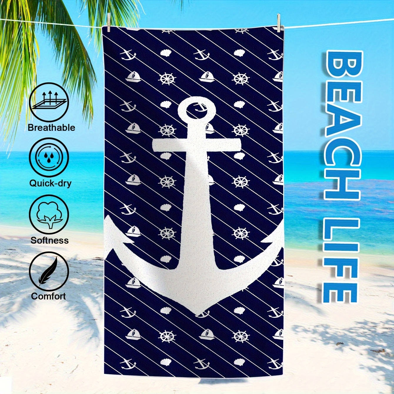 

1pc Anchor Pattern Beach Towel, Quick Drying Absorbent Beach Towel, Soft Beach Blanket, For Pool Beach Travel Vacation, Beach Essentials