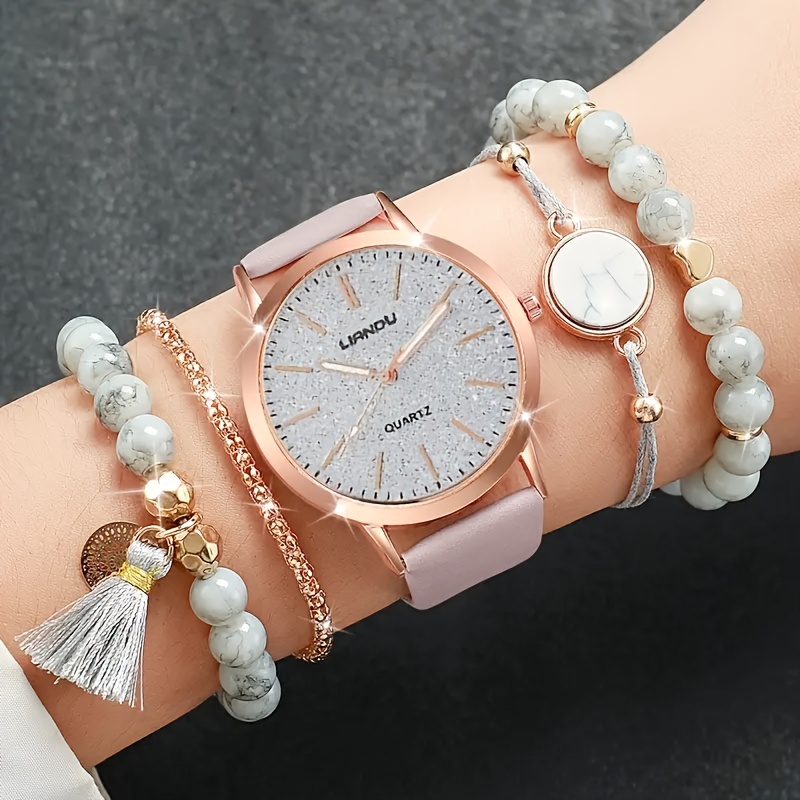 

5 Pcs Round Quartz Watches Pu Leather Strap Alloy Pointer Alloy Dial And Rhinestone Bracelet Jewelry Perfect Gifts For Women