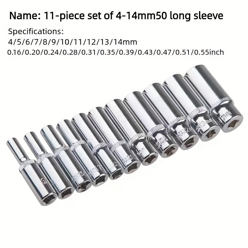E-shop 11-teiliger 1/4-Zoll Metrischer Tiefensteckschlüsselsatz, 4-14mm Lange Steckschlüssel, Schlagadapter für Elektrowerkzeuge