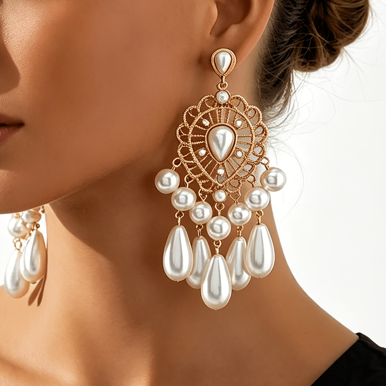 TEMU A Pair Of Women's Fashionable Drop Earrings Featuring Teardrop-shaped Openwork Floral Patterns In Metal, With Round/teardrop Acrylic Tassels.
