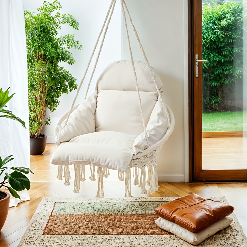 E-shop Schaukelstuhl, Hängesessel mit großem, dickem Kissen, Boho-Hängesessel für Schlafzimmer, Terrasse, Balkon, Garten, bis zu 120 kg belastbar,
