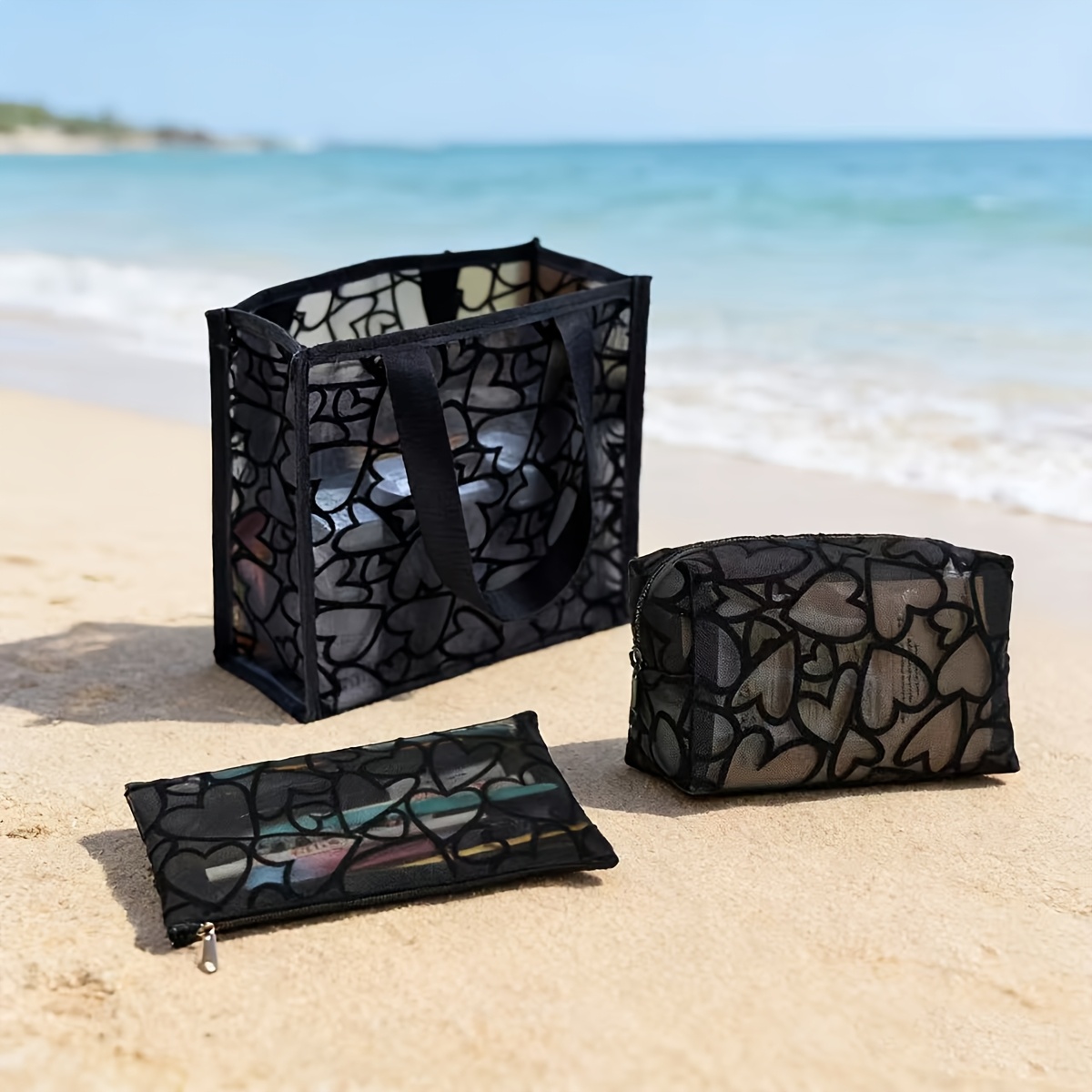 TEMU Minimalist Bag, Black Breathable Leopard Print 3pcs Set, Portable Toiletry Bag With Double Handles And Zipper Closure, Beach Bag, Octagonal