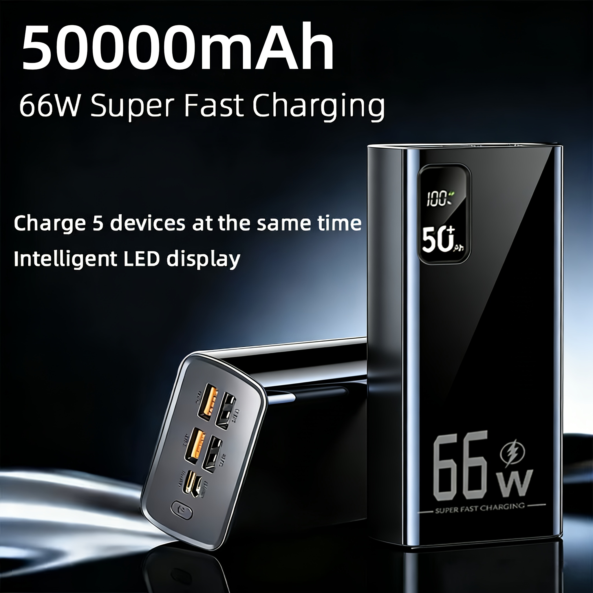 TEMU Portable Charger 50000mah 66w Fast Charging Power Bank External Battery Pack With 2 Usb Micro Usb Type-c Ports Ultra Thin High Capacity Phone