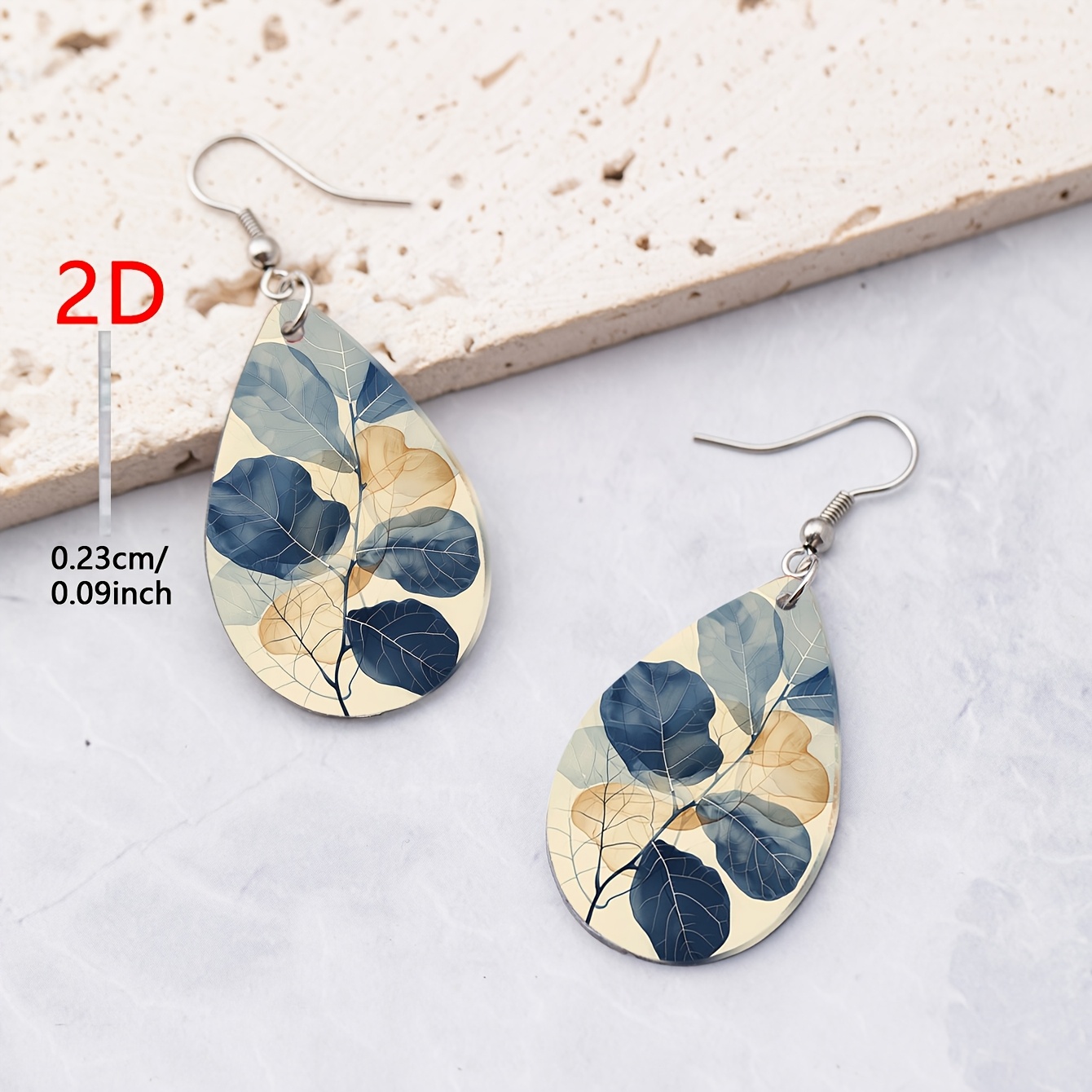 Beige Base Blue-Brown Sheer Leaf Pattern Teardrop Earrings