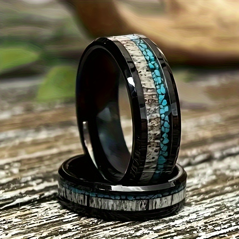 

Men's New 8mm Stainless Steel Ring, Black Inlaid Turquoise Pine Wooden Patch Ring, Fashion Men' Steel Ring, Anniversary Jewelry Gift For Husband