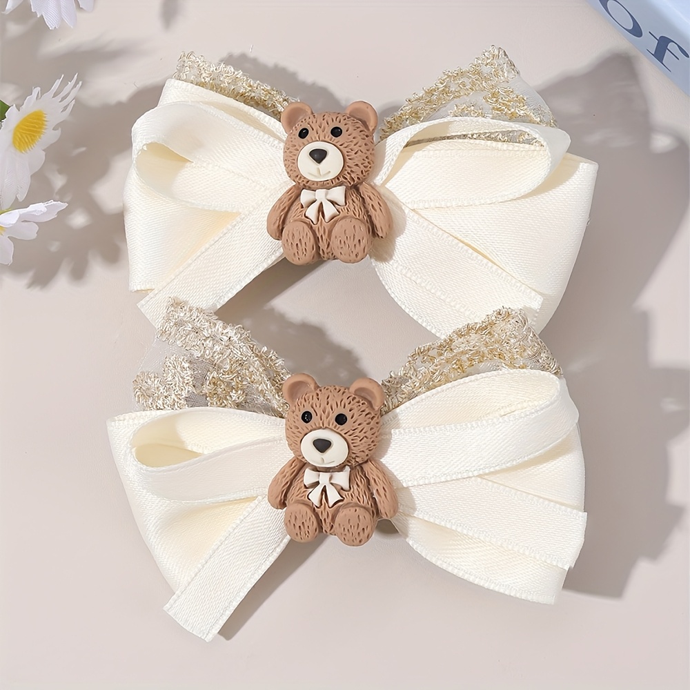 Image of 2pcs Bow Hair Clips For - Beige & Brown Lace Hairpins Elegant Hair Accessories For Daily Wear