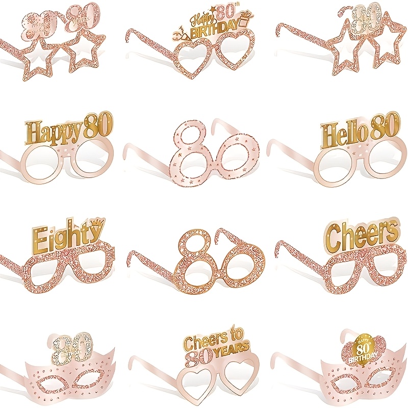TEMU 12pcs Set Of 80th Birthday Women's Glasses Additions, Pink Rose Golden 80th Birthday Paper Glasses Party Supplies, Glasses For -year-old