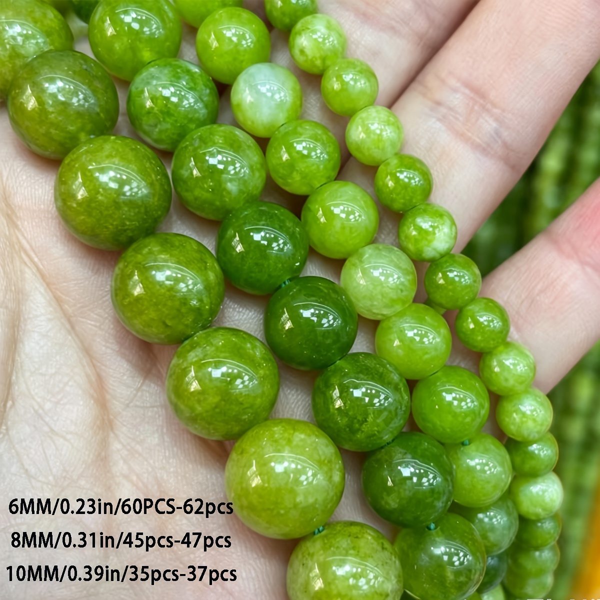 TEMU di olivina da 6 mm - 0.23 pollici, 8 mm - 0.314 pollici, 10 mm - 0.39 pollici adatte per braccialetti, collane, orecchini - Materiale resistente