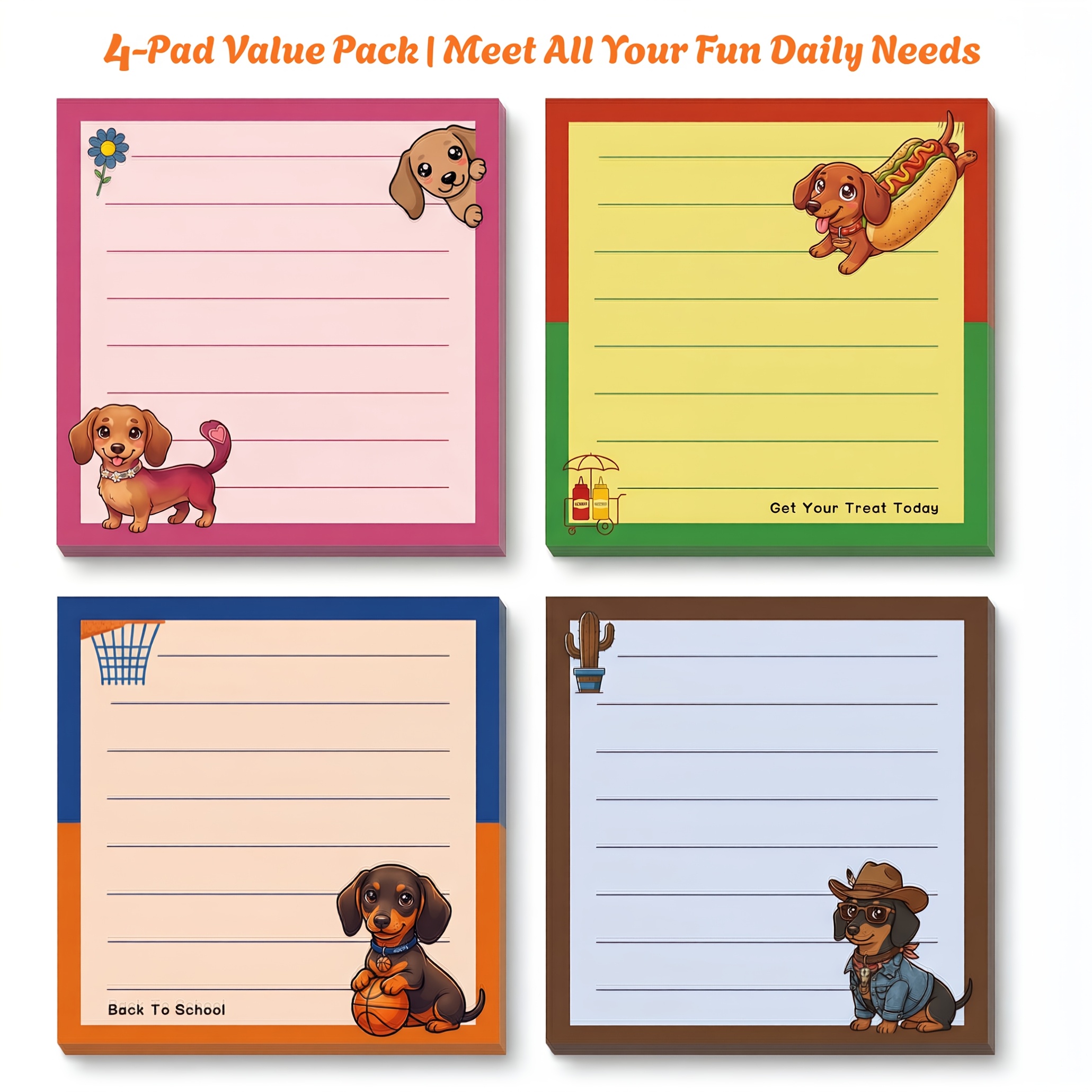 Image of Dachshund Dog Sticky Notes Memo Pad, 3x3 Lined Sticky Notes For Office Desk, School Supplies, Planner, To Do List And Daily Reminders, Cute Dog Note Pads, 1 Random Pad Or 4 Pads Set
