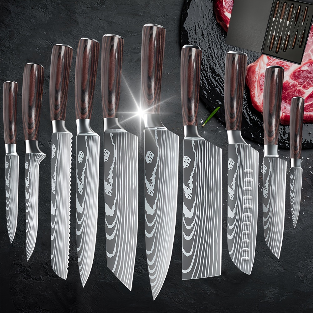 

10 Knife Set 3.5-8 Knives, , , , , , Paring Knife For Meat , Steel Sharp, Wood , Cooking Knife Box