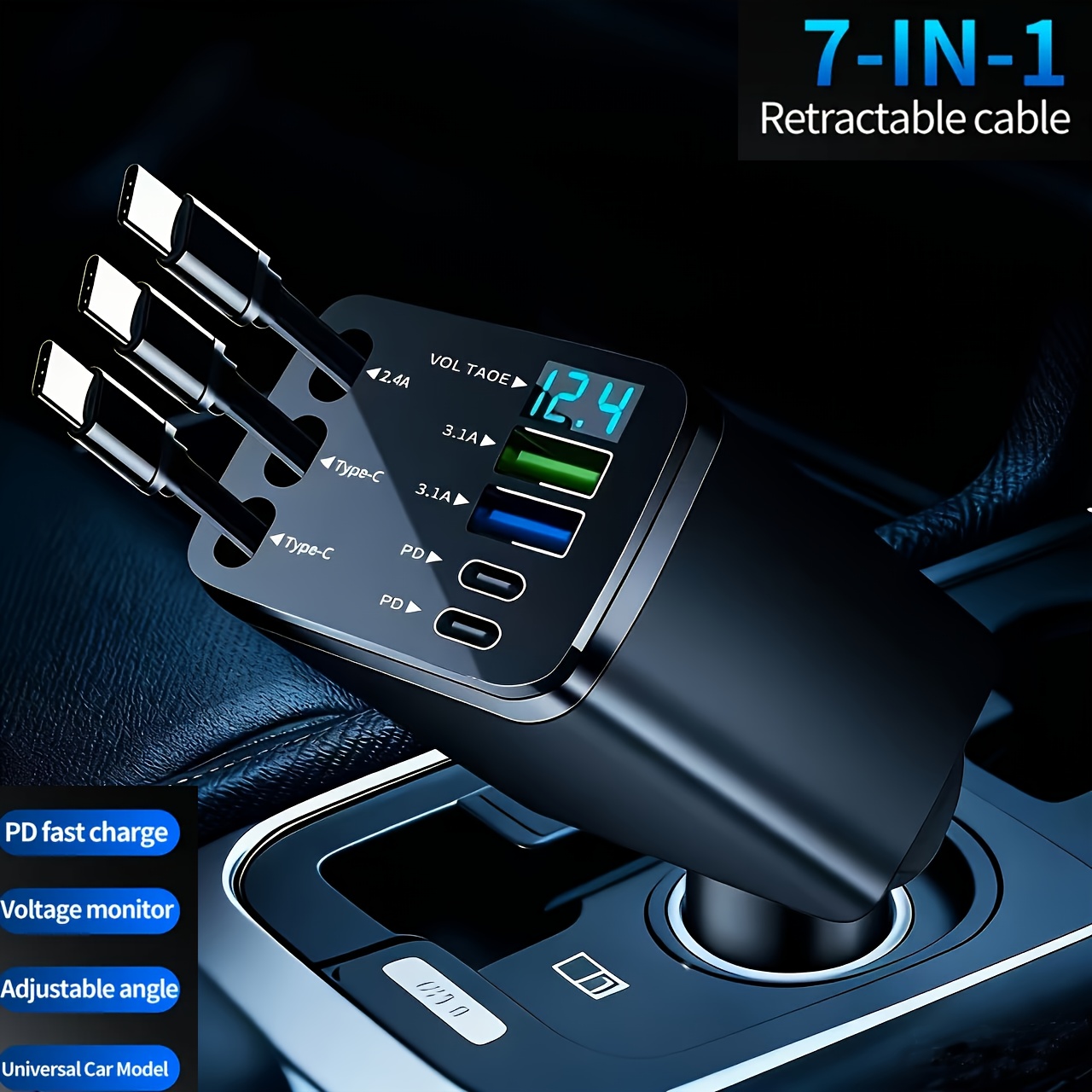 7 in 1 car fast charging mobile phone charger   with 3 extendable cables and fast charging interface universal plug easy to   supports 180 free   and is   with led   display screen